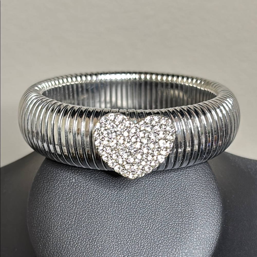 Rhinestone Heart Silver Tone stretch Statement Bracelet